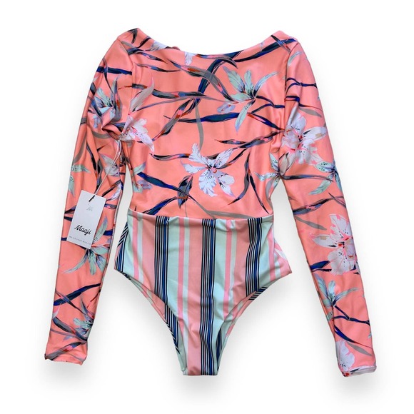 Maaji Other - Maaji Long Sleeve One Piece Swimsuit Reversible Stripes and Floral Coral Pink